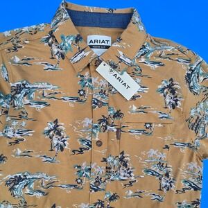 Ariat Mens Retro Button Down Shirt S Modern Slim SS Mocha Tropical Palm Tree NWT